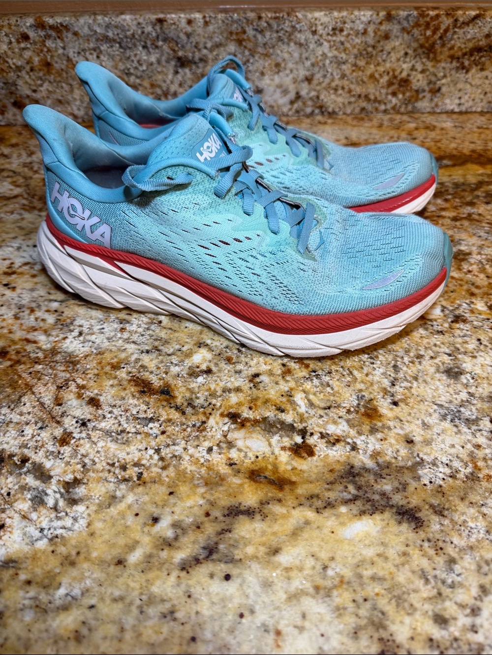 Hoka Clifton 8 Women's Aqua Athletic Running Shoes with Coral Accent